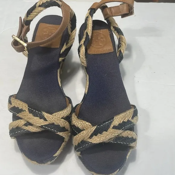 Tory Burch Blue Tan Camelia Espadrille Wedges with Adjustable Straps size 6