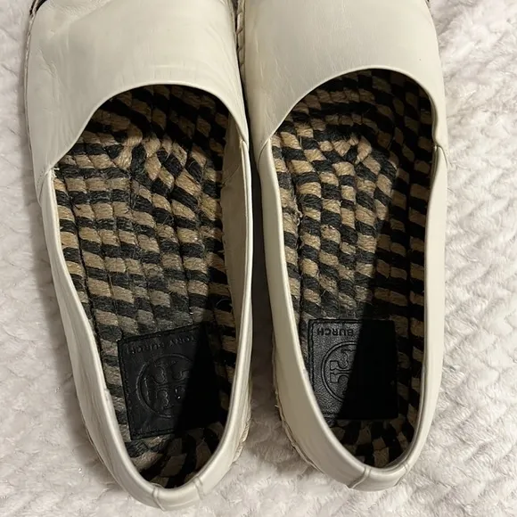 Tory Burch Colour Block Logo Platform Espadrilles Size 9m Black White Leather