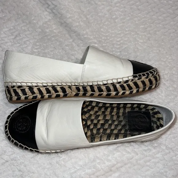 Tory Burch Colour Block Logo Platform Espadrilles Size 9m Black White Leather