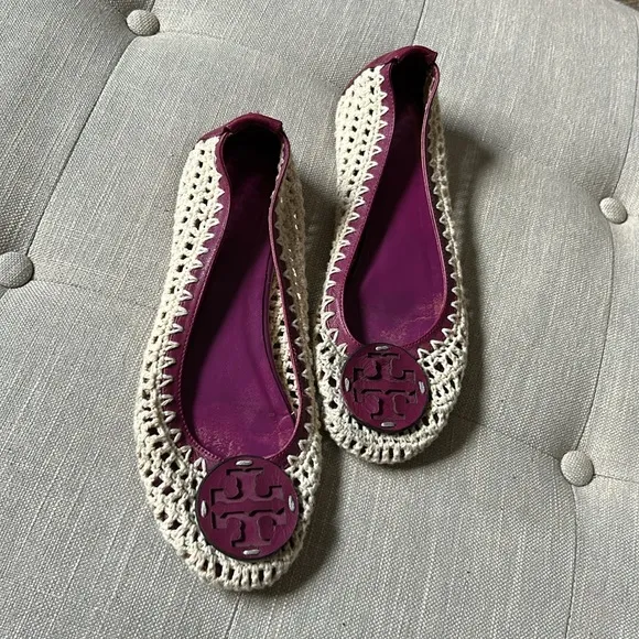 Tory Burch Crotchet Rory Cream and Purple Ballet Flats Size 38