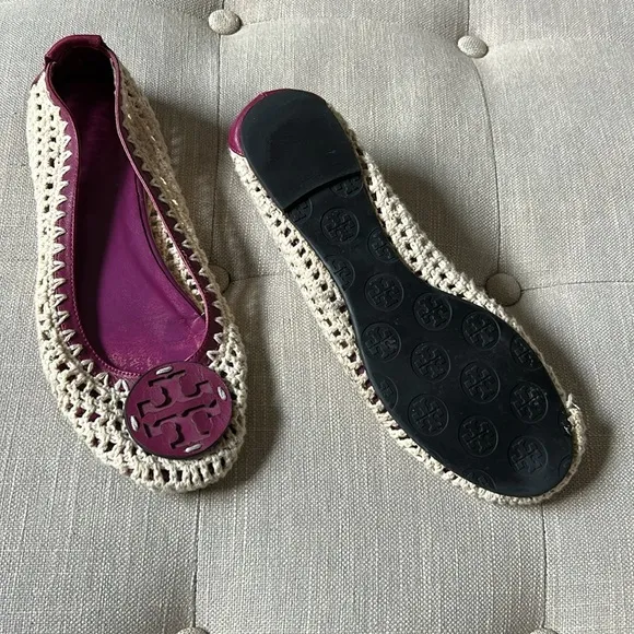 Tory Burch Crotchet Rory Cream and Purple Ballet Flats Size 38