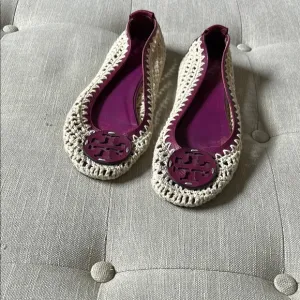 Tory Burch Crotchet Rory Cream and Purple Ballet Flats Size 38