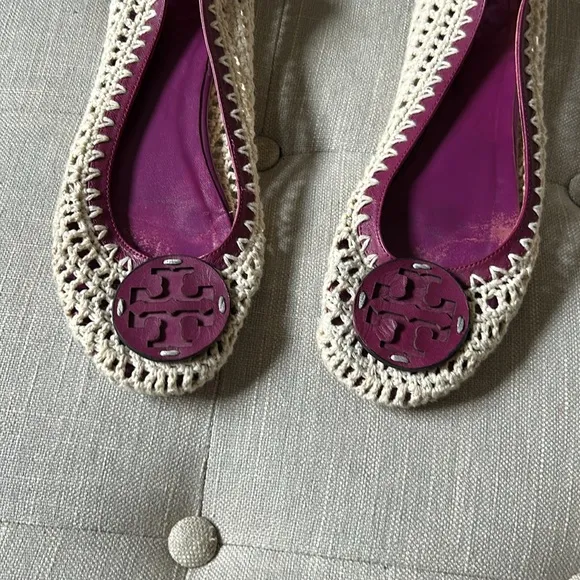 Tory Burch Crotchet Rory Cream and Purple Ballet Flats Size 38