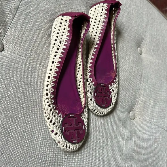 Tory Burch Crotchet Rory Cream and Purple Ballet Flats Size 38