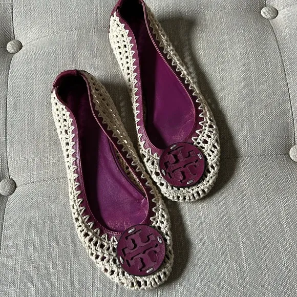 Tory Burch Crotchet Rory Cream and Purple Ballet Flats Size 38