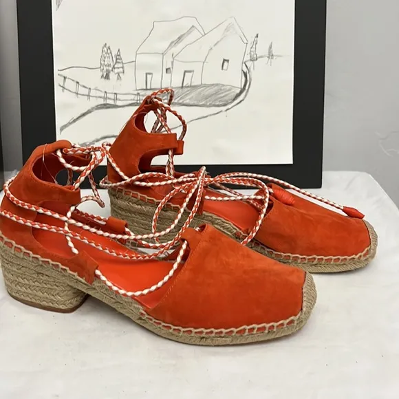 Tory Burch Dark Poppy Red Fled Positano Lace-Up Heel Suede Espadrille Si…
