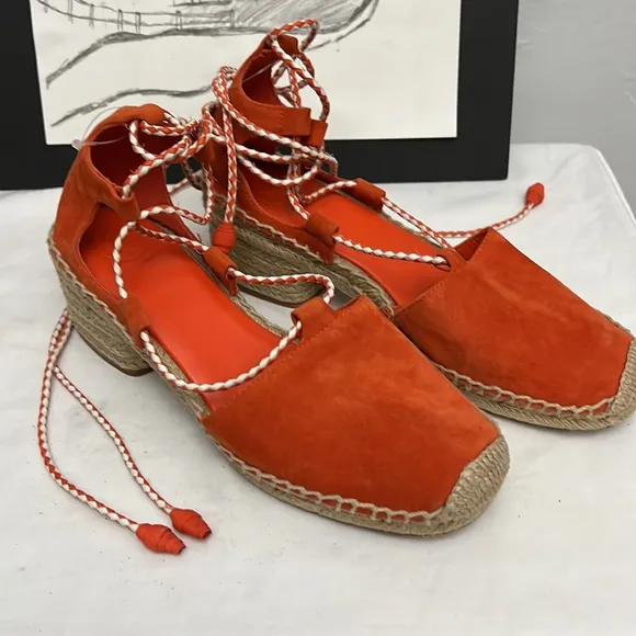 Tory Burch Dark Poppy Red Fled Positano Lace-Up Heel Suede Espadrille Si…