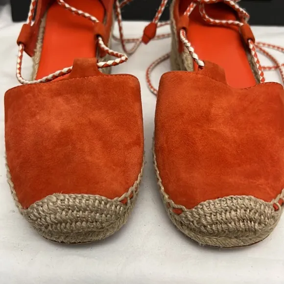 Tory Burch Dark Poppy Red Fled Positano Lace-Up Heel Suede Espadrille Si…