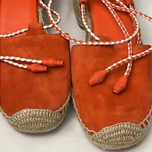 Tory Burch Dark Poppy Red Fled Positano Lace-Up Heel Suede Espadrille Si…