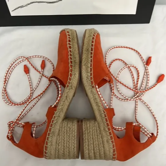 Tory Burch Dark Poppy Red Fled Positano Lace-Up Heel Suede Espadrille Si…