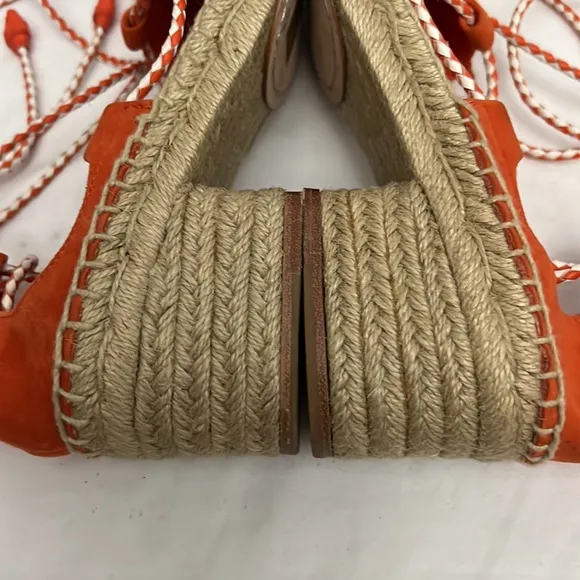 Tory Burch Dark Poppy Red Fled Positano Lace-Up Heel Suede Espadrille Si…