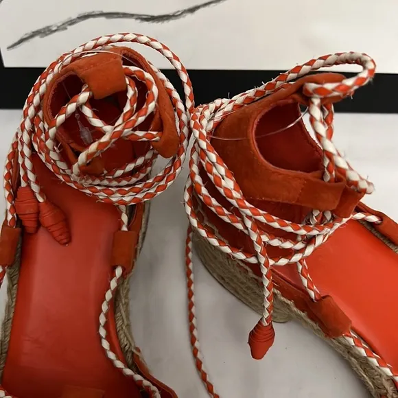 Tory Burch Dark Poppy Red Fled Positano Lace-Up Heel Suede Espadrille Si…