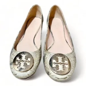 Tory Burch Gold/Beige Python Embossed Leather Reva Ballet Flats Size 7