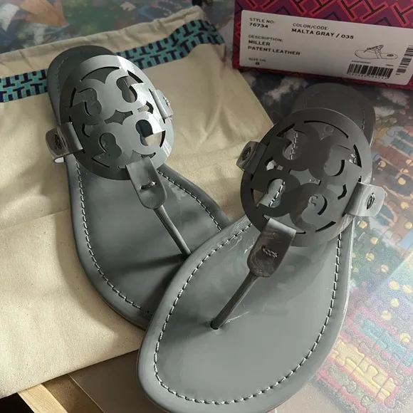 Tory Burch Gray Sandals with Iconic Medallion