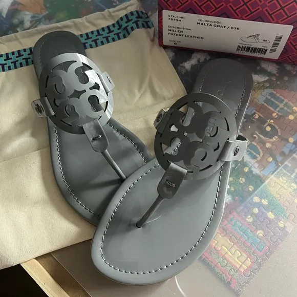 Tory Burch Gray Sandals with Iconic Medallion
