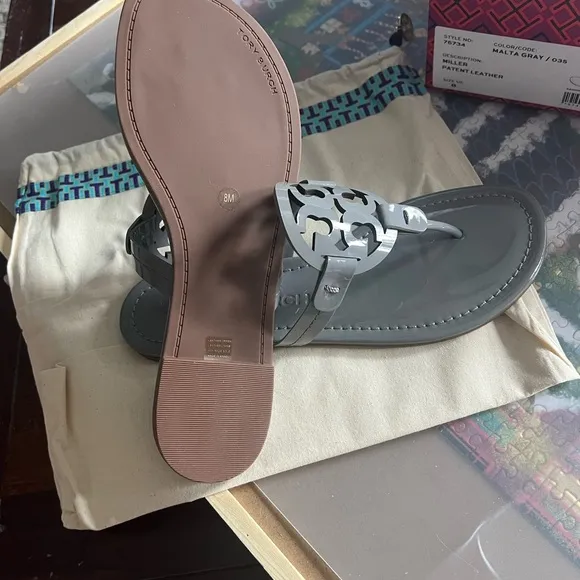 Tory Burch Gray Sandals with Iconic Medallion