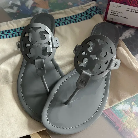 Tory Burch Gray Sandals with Iconic Medallion