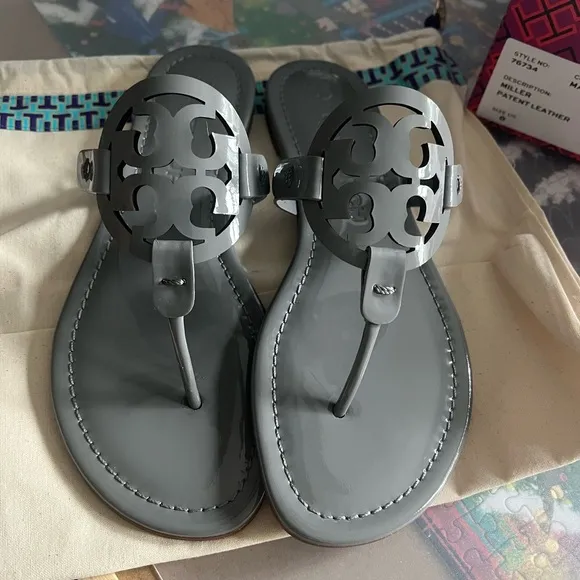 Tory Burch Gray Sandals with Iconic Medallion