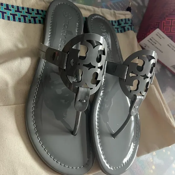 Tory Burch Gray Sandals with Iconic Medallion