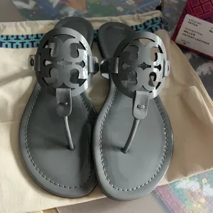 Tory Burch Gray Sandals with Iconic Medallion