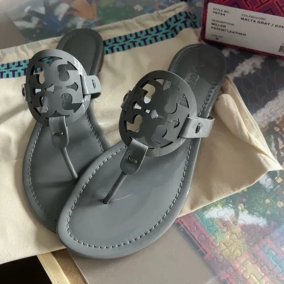 Tory Burch Gray Sandals with Iconic Medallion