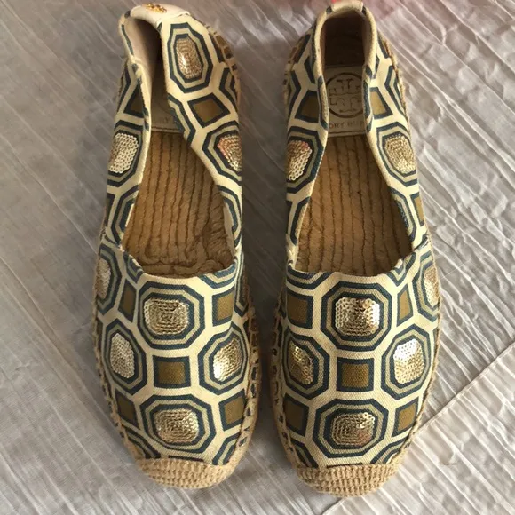 TORY BURCH Ivory Cecily embellished octagon canvas espadrilles flats slip ons