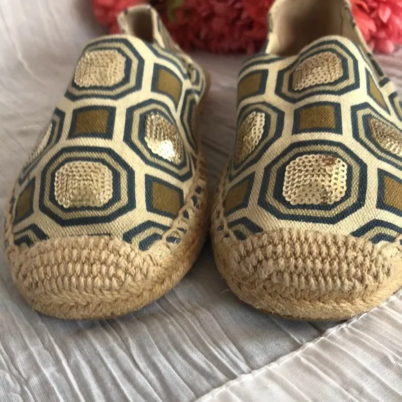 TORY BURCH Ivory Cecily embellished octagon canvas espadrilles flats slip ons