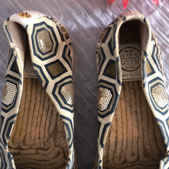 TORY BURCH Ivory Cecily embellished octagon canvas espadrilles flats slip ons
