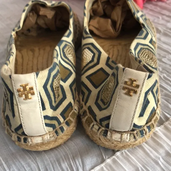 TORY BURCH Ivory Cecily embellished octagon canvas espadrilles flats slip ons