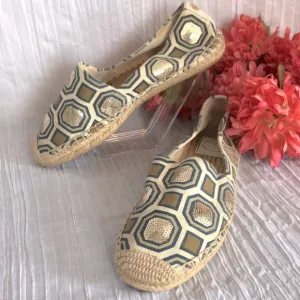 TORY BURCH Ivory Cecily embellished octagon canvas espadrilles flats slip ons