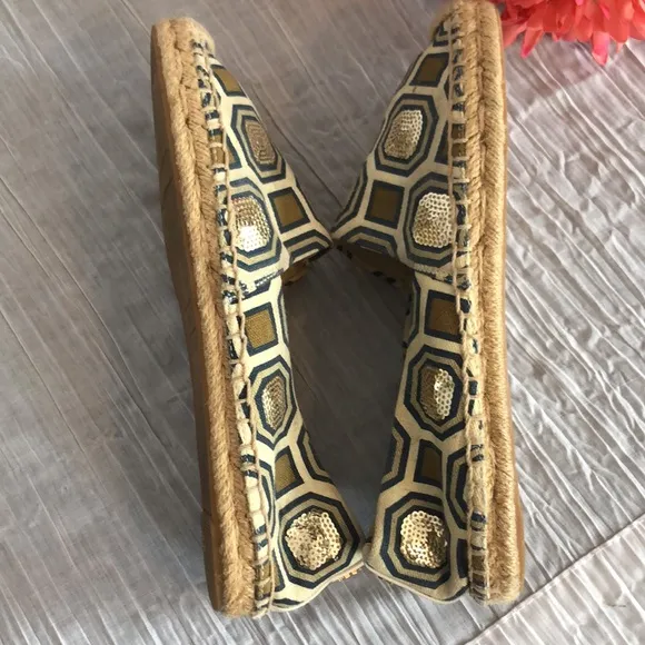 TORY BURCH Ivory Cecily embellished octagon canvas espadrilles flats slip ons