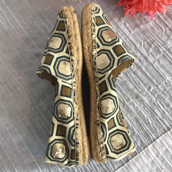 TORY BURCH Ivory Cecily embellished octagon canvas espadrilles flats slip ons