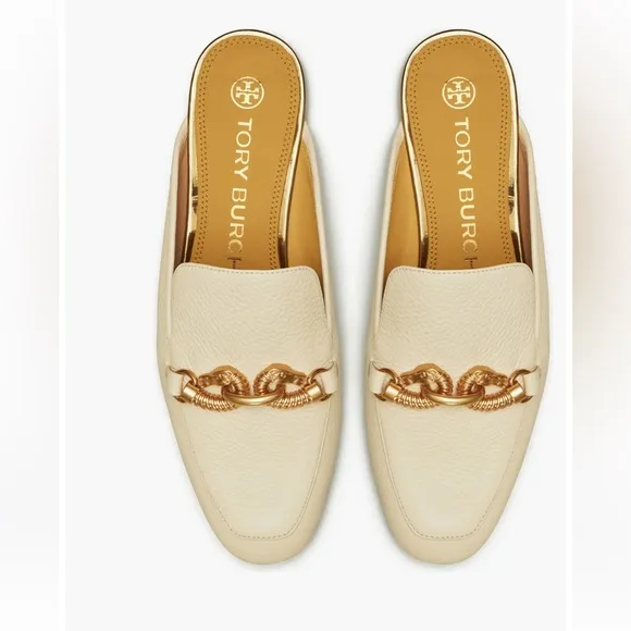 Tory Burch Jessa Embellished Pebbled leather mules Cream size 9 preowned