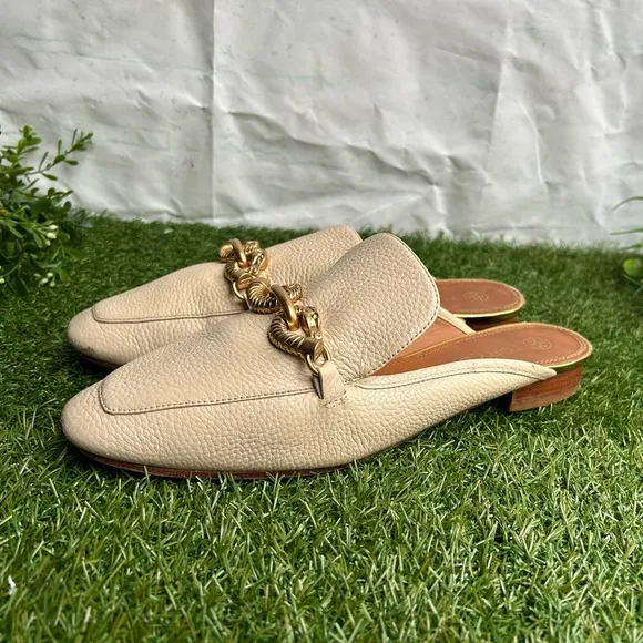 Tory Burch Jessa Embellished Pebbled leather mules Cream size 9 preowned