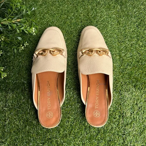 Tory Burch Jessa Embellished Pebbled leather mules Cream size 9 preowned