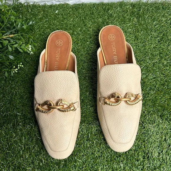 Tory Burch Jessa Embellished Pebbled leather mules Cream size 9 preowned