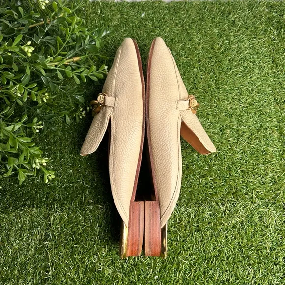 Tory Burch Jessa Embellished Pebbled leather mules Cream size 9 preowned