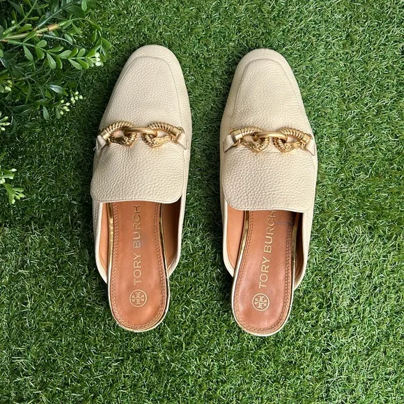Tory Burch Jessa Embellished Pebbled leather mules Cream size 9 preowned