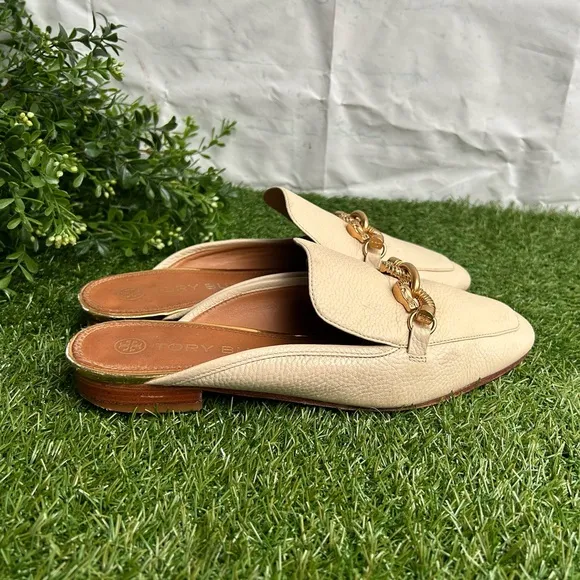 Tory Burch Jessa Embellished Pebbled leather mules Cream size 9 preowned