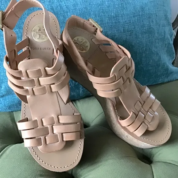 Tory Burch “Leslie” Natural Tan Leather Platform Sandals 7/37 Like New!