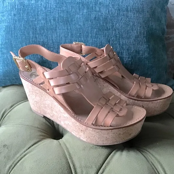 Tory Burch “Leslie” Natural Tan Leather Platform Sandals 7/37 Like New!