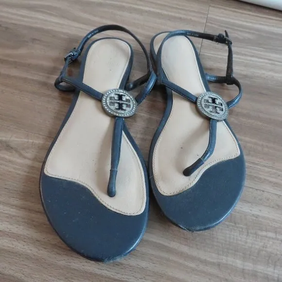 TORY BURCH Liana Flat Jewel Embellished Leather Thong Sandals in Blue Sz US 7.5