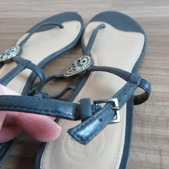 TORY BURCH Liana Flat Jewel Embellished Leather Thong Sandals in Blue Sz US 7.5