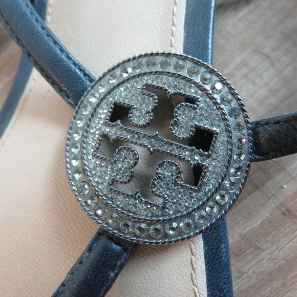 TORY BURCH Liana Flat Jewel Embellished Leather Thong Sandals in Blue Sz US 7.5