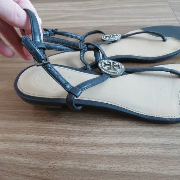 TORY BURCH Liana Flat Jewel Embellished Leather Thong Sandals in Blue Sz US 7.5