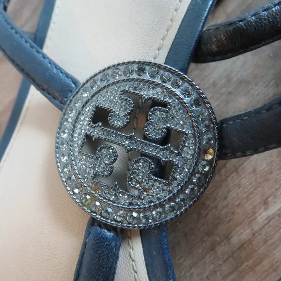 TORY BURCH Liana Flat Jewel Embellished Leather Thong Sandals in Blue Sz US 7.5