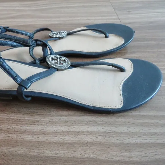 TORY BURCH Liana Flat Jewel Embellished Leather Thong Sandals in Blue Sz US 7.5