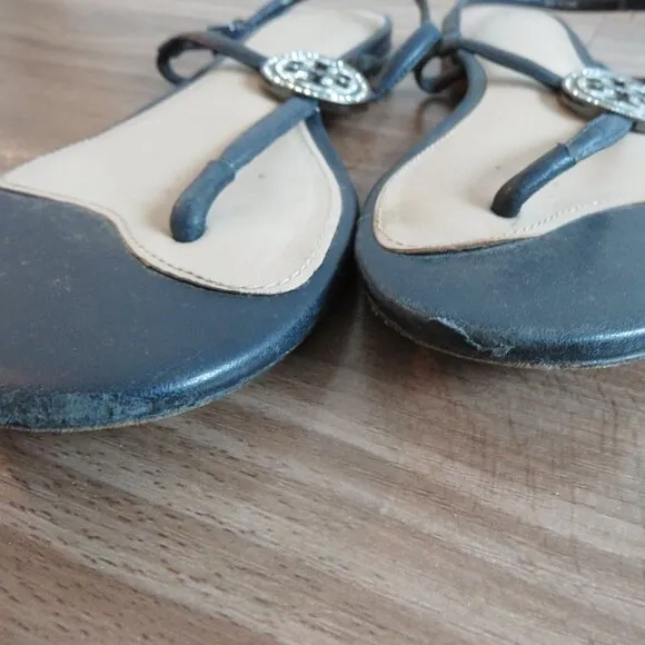 TORY BURCH Liana Flat Jewel Embellished Leather Thong Sandals in Blue Sz US 7.5