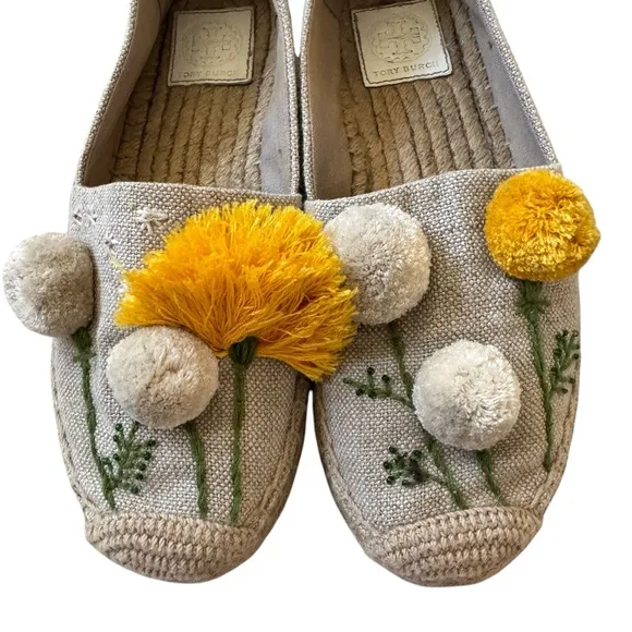 Tory Burch Linen Lily Platform Espadrille, Embroidered Pom Pom, Size 8