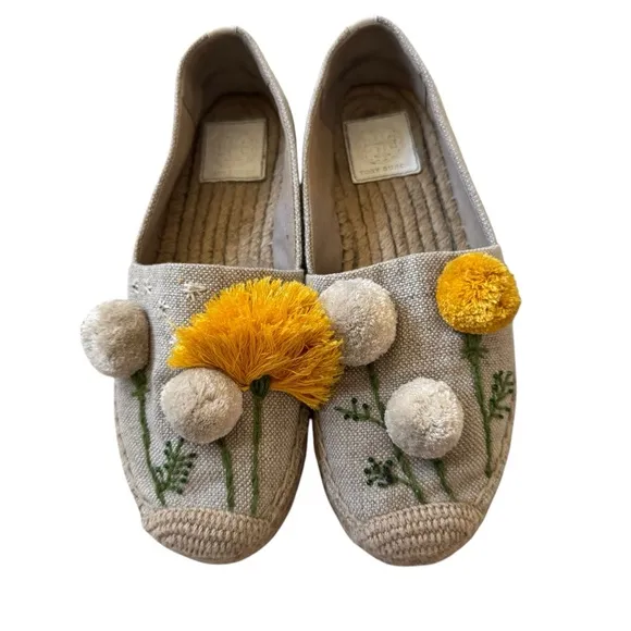 Tory Burch Linen Lily Platform Espadrille, Embroidered Pom Pom, Size 8
